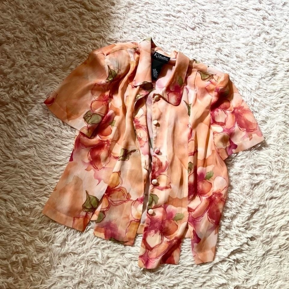 Vintage 90s Floral Whimsical Fairycore Sheer Collared ButtonDown Womens 10 Retro